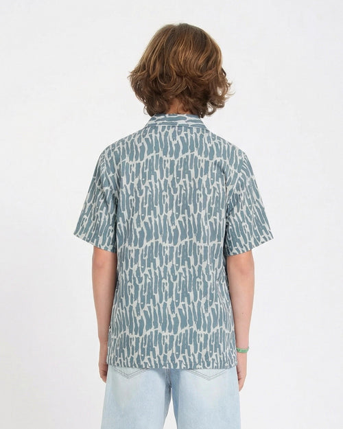 Chemise Hawaïenne Volcom Garçon 10-12 Ans – Bleu, Motif Palmier & Aloha (occasion Très Bon état)